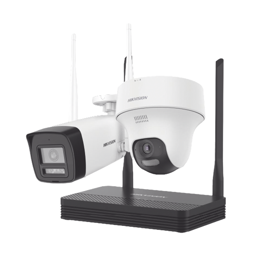 NKS422W02H Kit IP Inalámbrico 2 Megapíxel / NVS 4 Canales / 1 Cámara Bala Exterior + 1 Cámara Turret Interior con Lente 2.8 mm y Dual Light / Audio Bidireccional (Micrófono y Bocina) / Soporta Micro SD de 512 GB