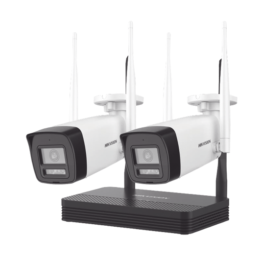 Kit IP Inalámbrico 2 Megapixel (1080p) / NVS 4 Canales / 2 Cámaras Bala para Exterior con Lente 2.8 mm y Dual Light (30 mts IR + 20 mts Luz Blanca) / Audio Bidireccional (Micrófono y Bocina) / Soporta Micro SD de 512 GB