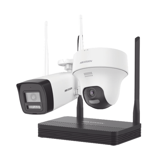 NKS424W02H Kit IP Inalámbrico 4 Megapixel / NVS 4 Canales / 1 Cámara Bala Exterior + 1 Cámara Turret Interior con Lente 2.8 mm y Dual Light / Audio Bidireccional (Micrófono y Bocina) / Soporta Micro SD de 512 GB