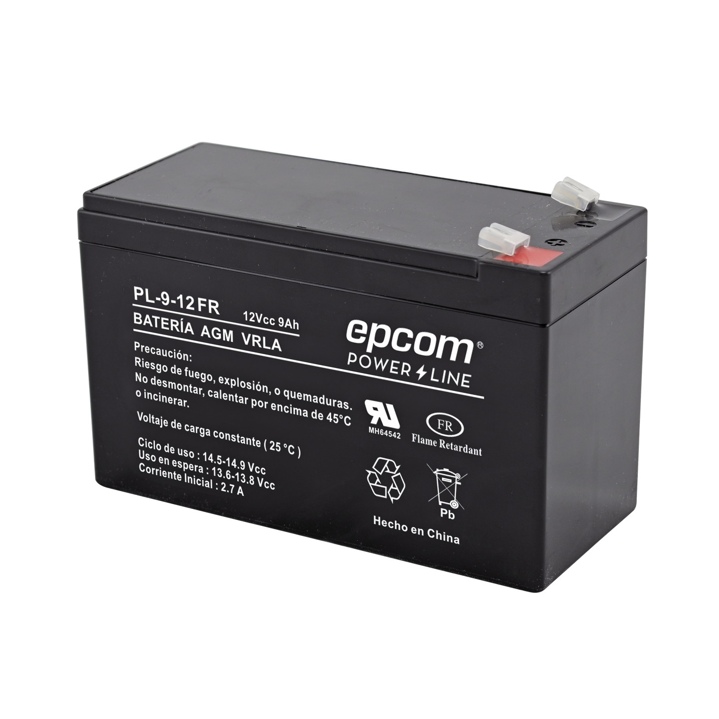 PL-9-12FR Batería 12 Vcc / 9 Ah / UL / Tecnología AGM-VRLA / Retardante a la flama / Para uso en equipo electrónico Alarmas de intrusión / Incendio/ Control de acceso / Video Vigilancia / Terminales tipo F1 / Cargador recomendado CHR-80.