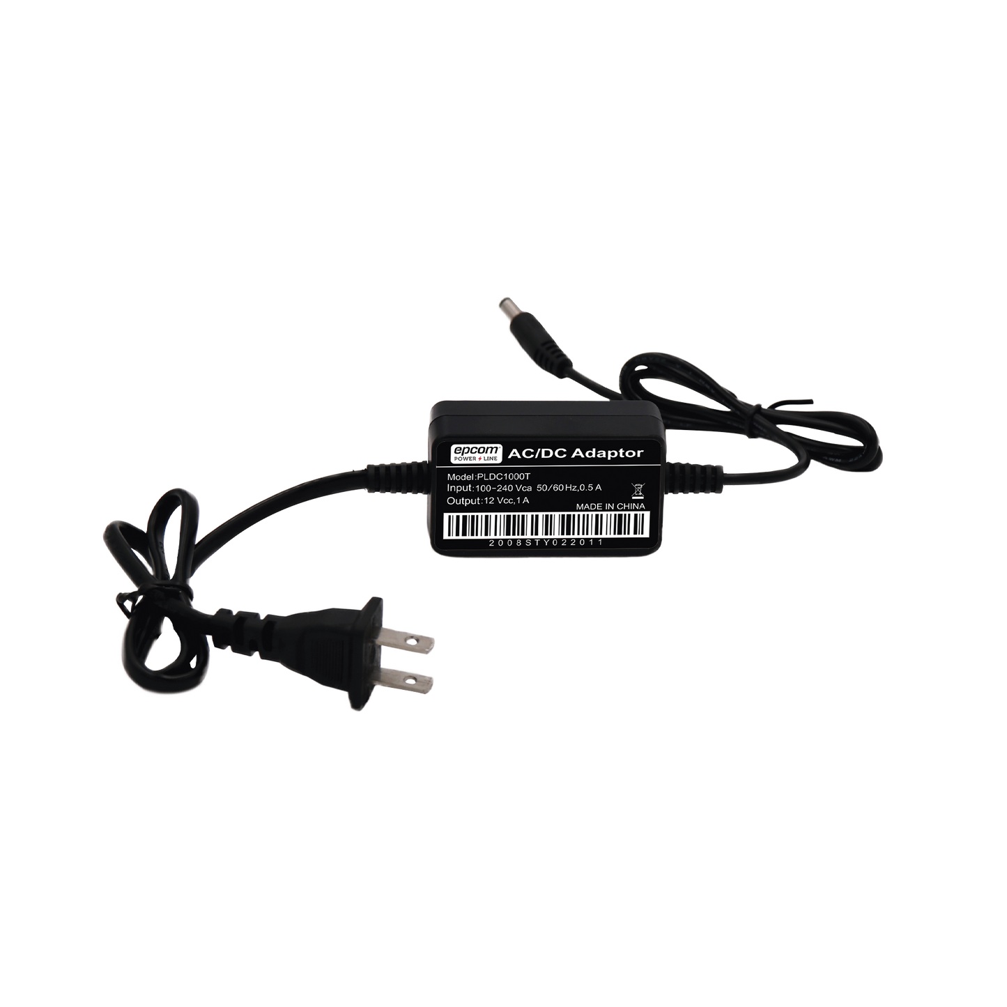 PL-DC-1000T - Adaptador de Pared de 12Vcc @ 1 A con cable y clavija Nema 1-15 / 0.5 metros a la toma de alimentación / 0.5 metros a la conexión del dispositivo