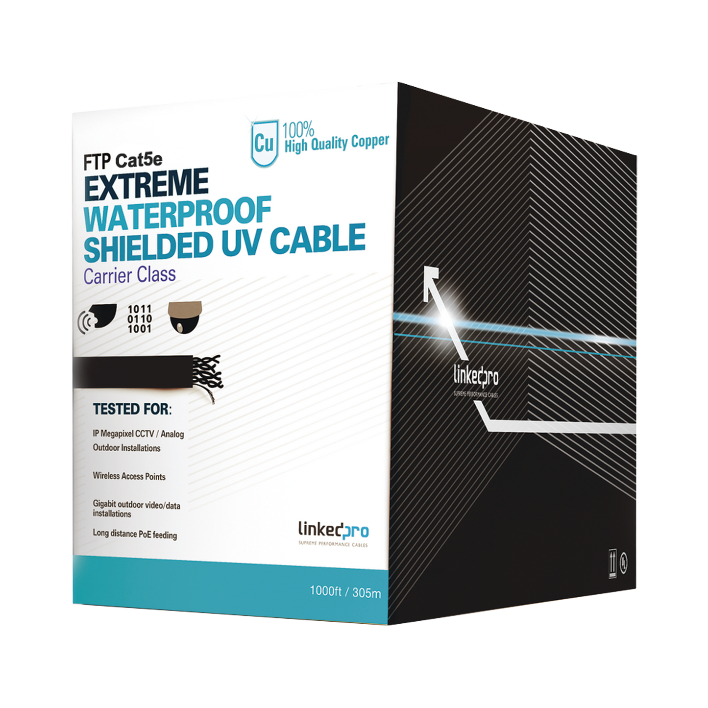 PRO-CAT5-EXT-LITE Bobina de cable de 305 m, Cat5e, color negro, sin blindar, para aplicaciones de video vigilancia, redes de datos. Uso en intemperie