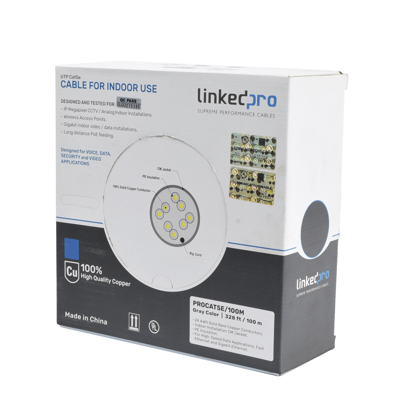 PRO-CAT-5E/100M Cable Cat5e de alto rendimiento, con certificaciones ETL, UL, color gris, de 100 m ( 328 ft ) para aplicaciones en CCTV, redes de datos. Uso interior.