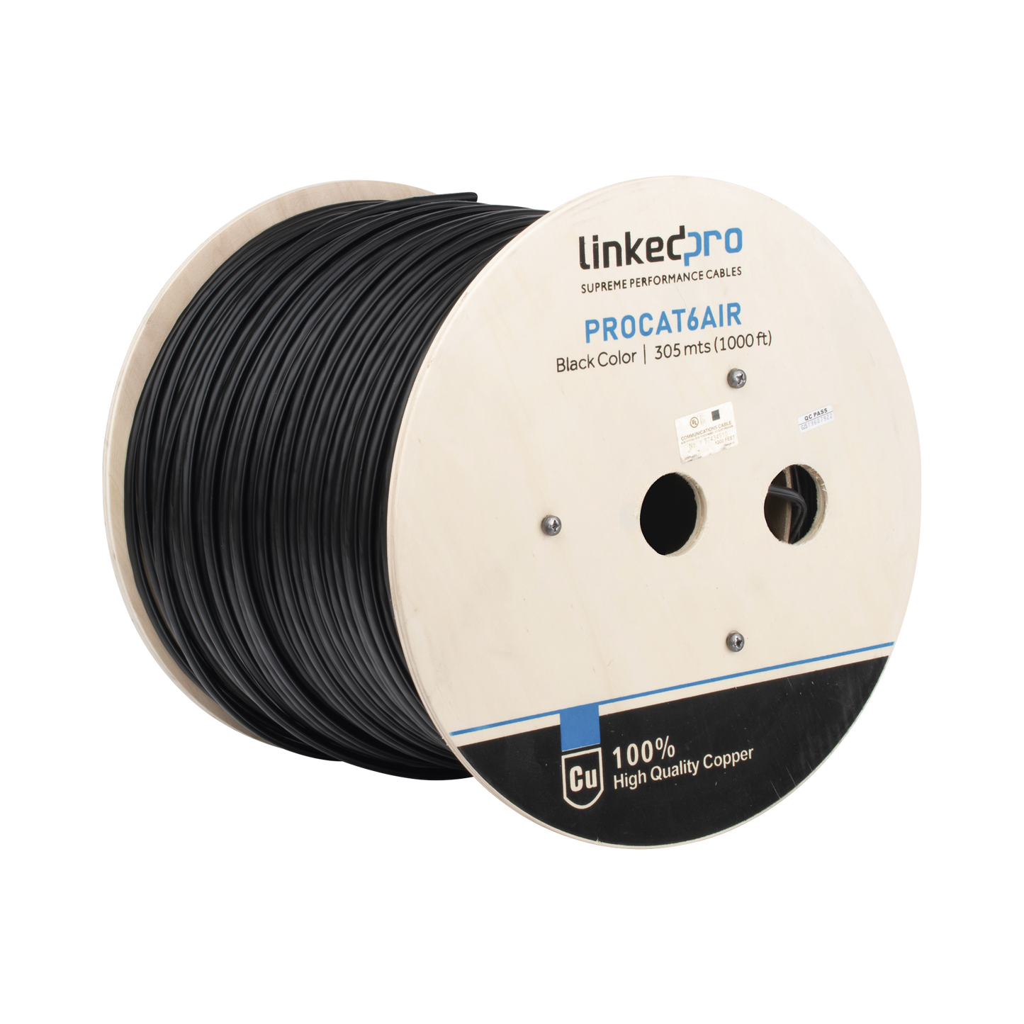 PRO-CAT-6-AIR Bobina de cable FTP con Mensajero de Acero de 305 m Cat6+ CALIBRE 23, color negro, para aplicaciones en video vigilancia y redes de datos / Uso en Intemperie y aplicaciones Aéreas