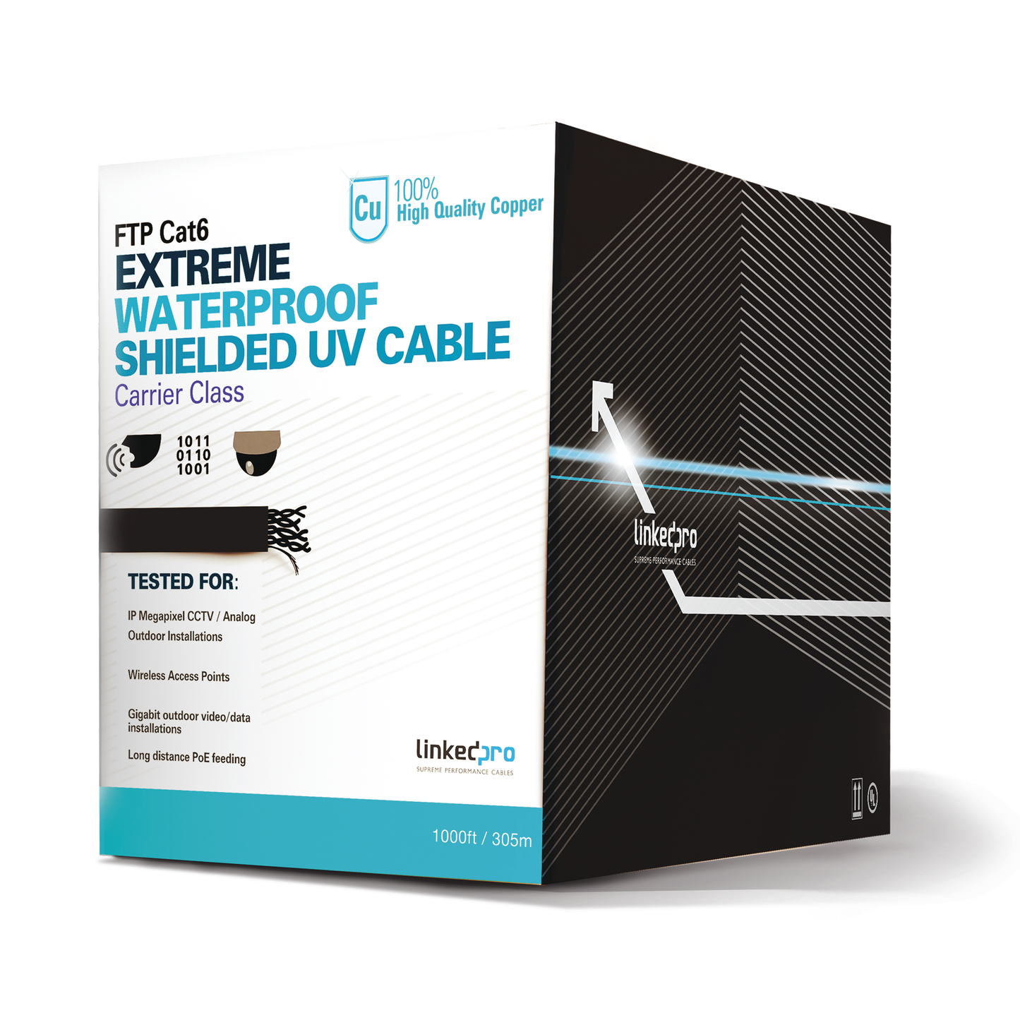 PRO-CAT-6-EXT - Bobina de Cable de 305 Metros (1000 Pies) Cat6+ Calibre 23 Exterior Blindado Tipo FTP para Climas Extremos, UL, Color Negro