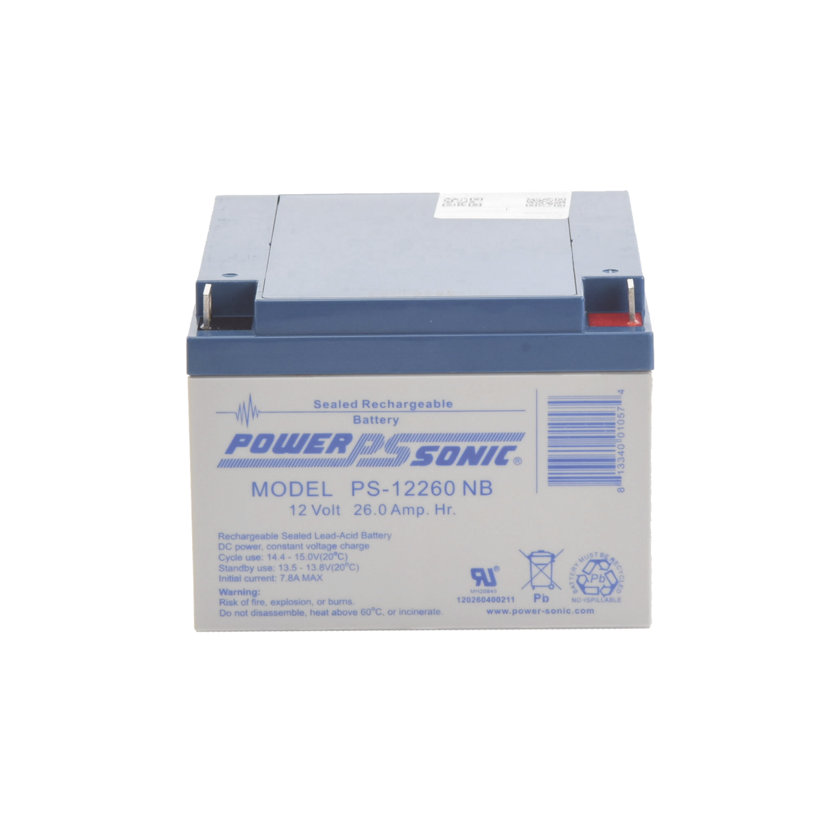 PS-12260-NB - Batería 12V, 26AH, Para Respaldo, Tecnologías AGM/VRLA, 5 Años Vida Útil, Terminales NB, Reconocida UL