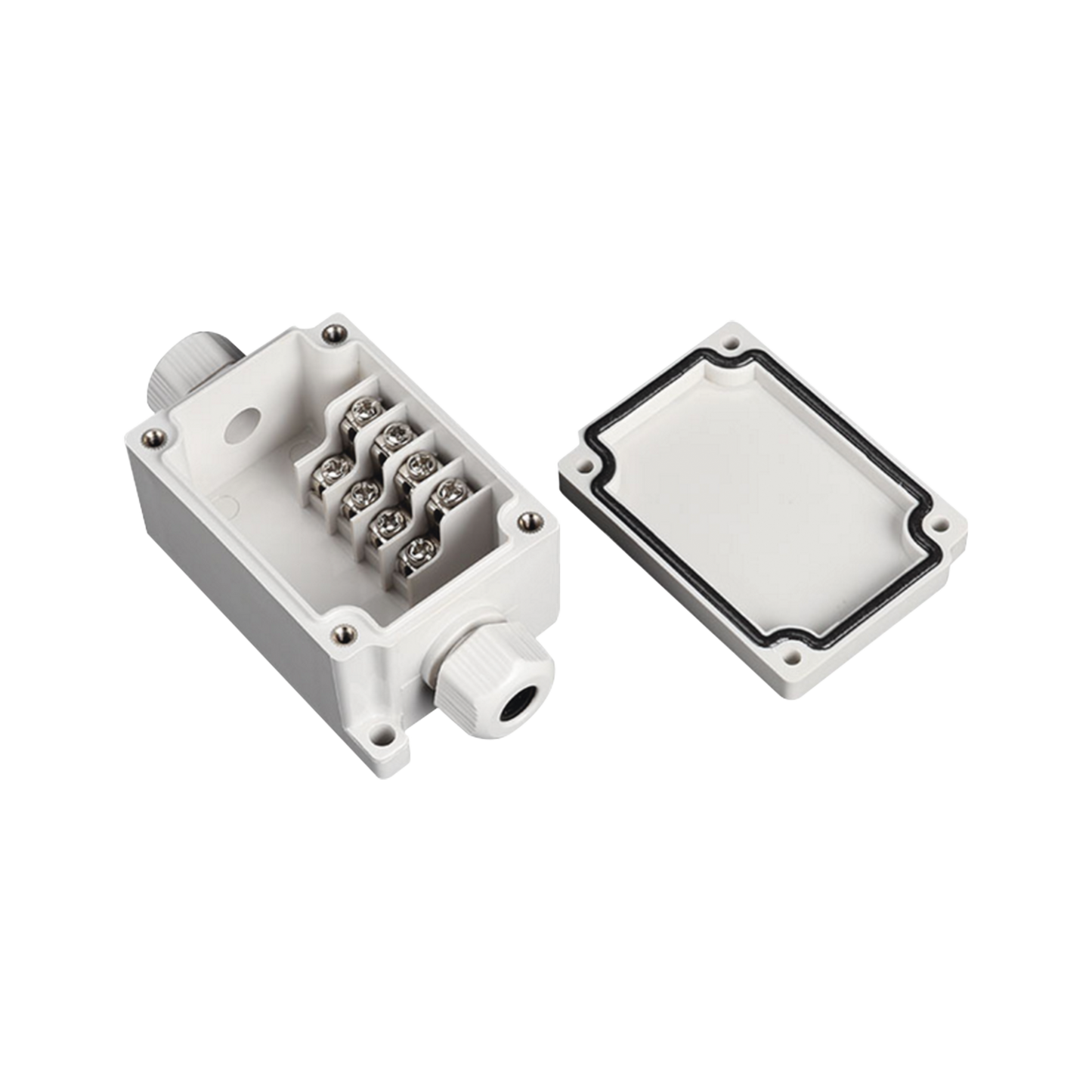 PST-TJ-4P Caja de Conexión Exterior con Conexión Lateral para 4 Líneas (doble tornillo). Incluye Glándulas.
