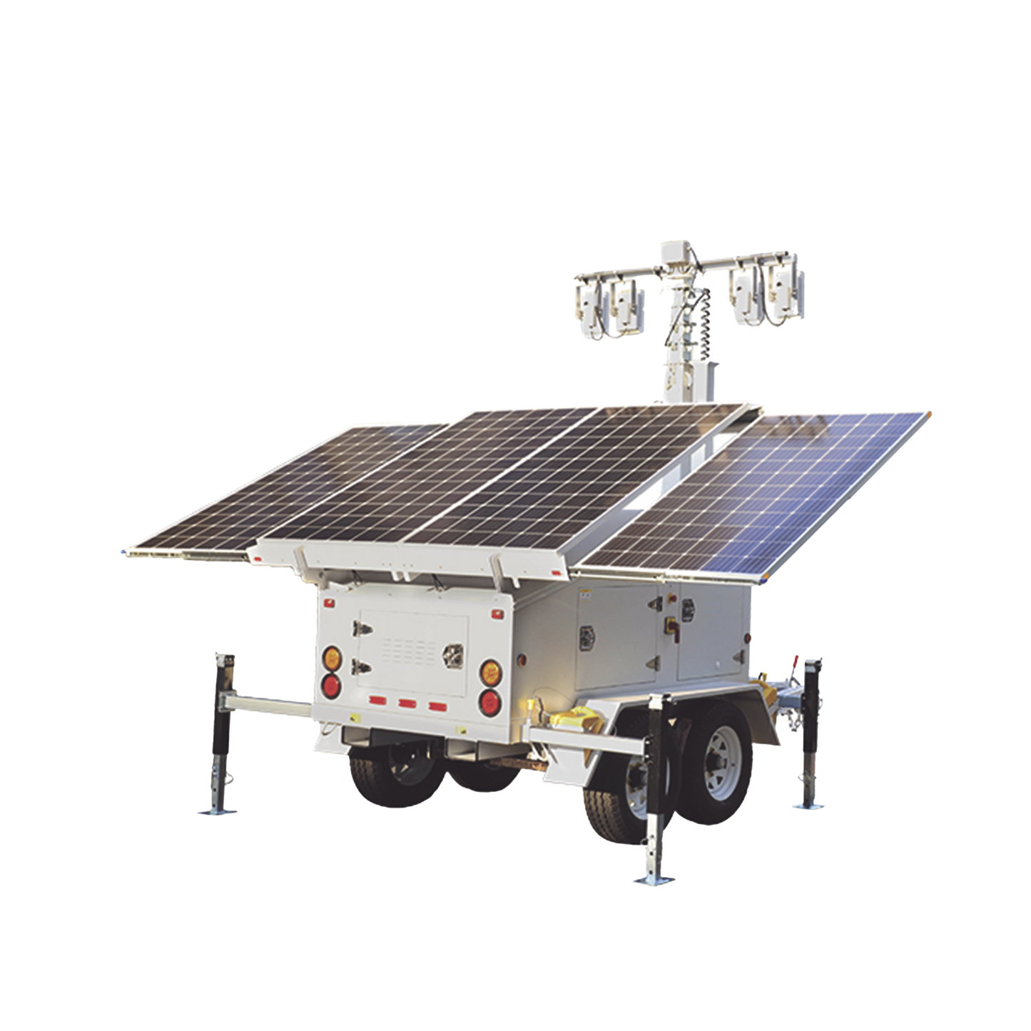 Traila de Doble Eje con Mástil Retráctil de 7.5 m. para Videovigilancia o Iluminación, con Bases para Instalar Paneles Solares y Baterías (No incluidos)