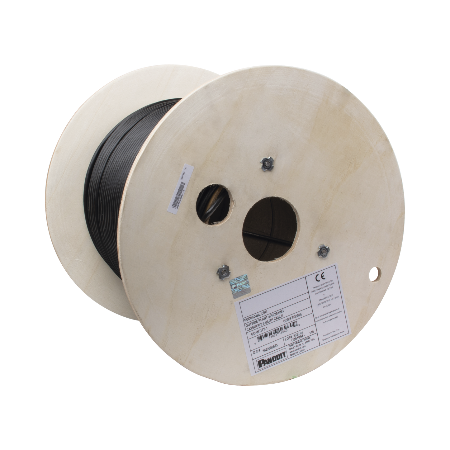 PUO6C04BL-CEG Bobina de Cable UTP de 4 Pares, PanNet, Para Exterior con Gel, Cat6 (23 AWG), Industrial para Climas Extremos, Color Negro, 305 m