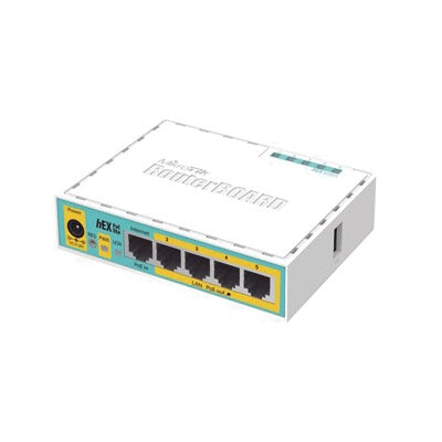 RB750UPR2 (hEX PoE LITE) RouterBoard, 5 Puertos Fast Ethernet, 4 con PoE Pasivo, 1 Puerto USB