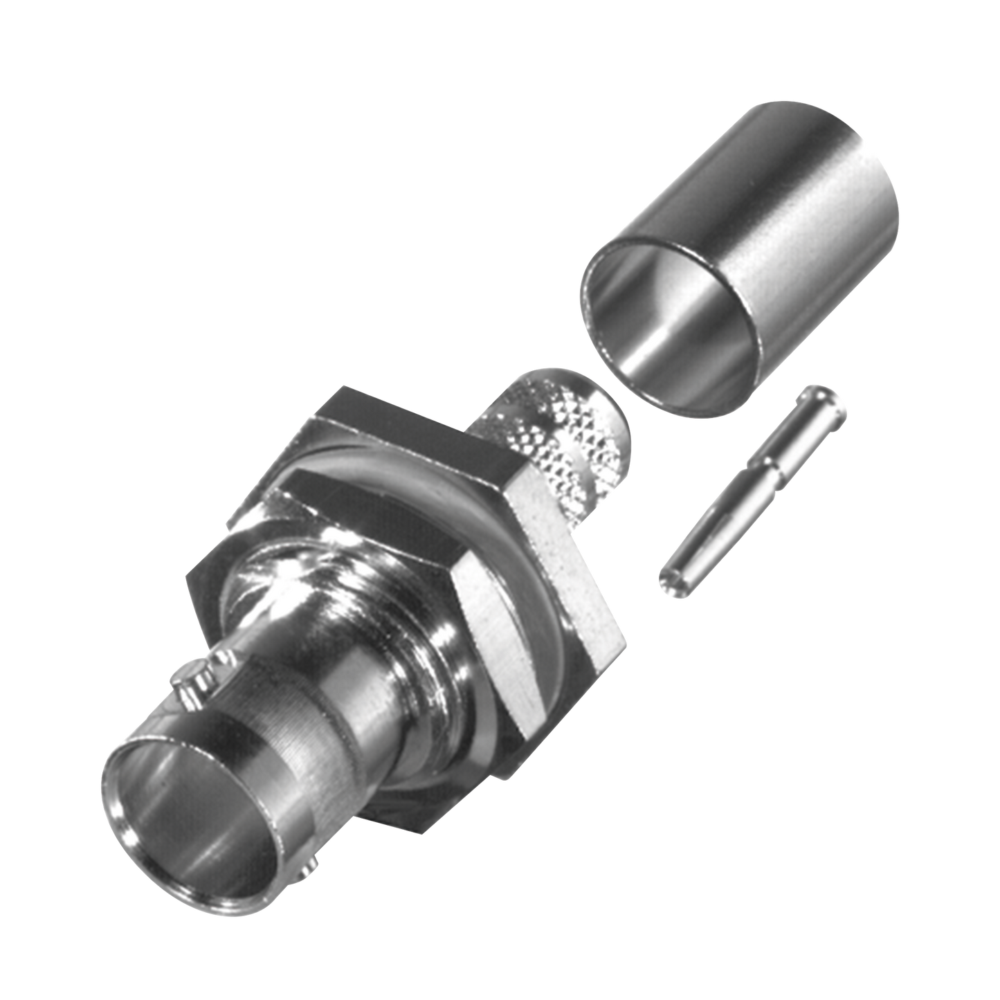 Conector BNC Hembra para Chasis en D-Plano con Aro de Goma, Anillo Plegable para RG-6/U y Grupo Q, 75 Ohm, Níquel/ Oro/ Teflón.