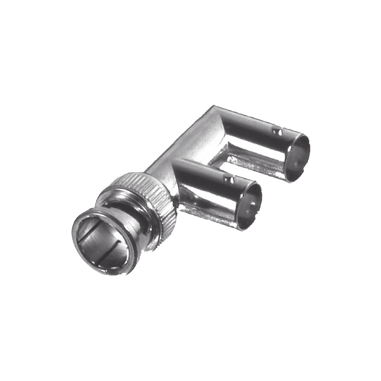 RFB-1730-3 Adaptador Triple en F para 75 Ohm, de Conector BNC Macho a Doble BNC Hembra, Níquel/ Oro/ Delrin.