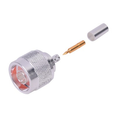 RFN-1005-3C1 - Conector Coaxial N Macho de Anillo Plegable para Cable RG-142/U, Plata/ Oro/ Teflón.
