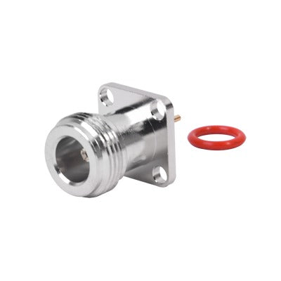 RFN-1021-5 - Conector N Hembra de Montaje de Panel con 4 perforaciones a 12.7 mm, soldable.