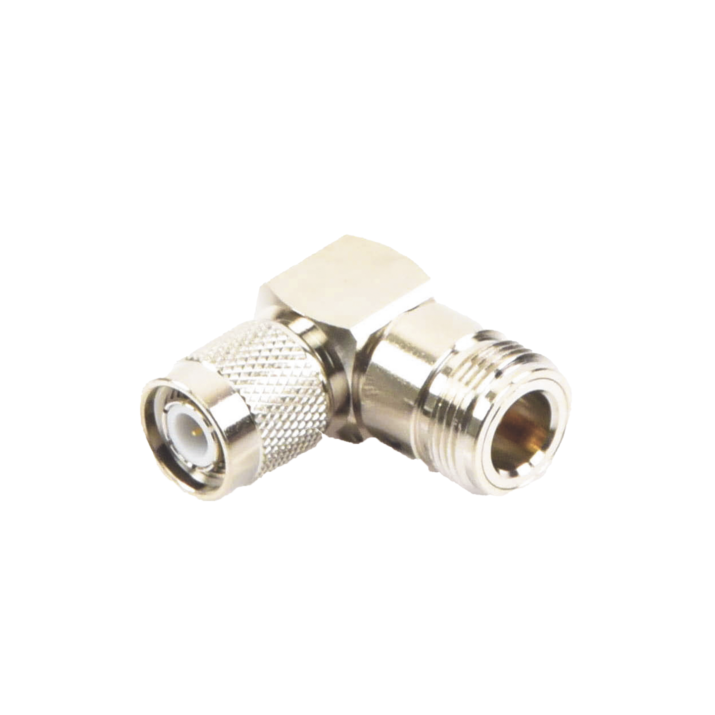 RFT-1234-11 - Adaptador en Ángulo Recto de Conector TNC Macho a N Hembra, Níquel/ Oro/ Teflón.