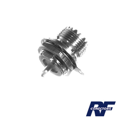 RFU-523 - Conector UHF Hembra (SO-239) en Línea, Montaje Frontal en D Plano, Níquel/ Plata/ Baquelita.