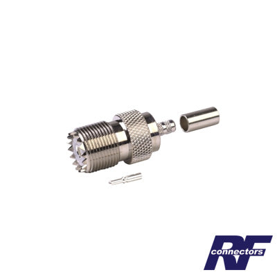 RFU-527 - Conector UHF Hembra (SO-239) en Línea, de Anillo Plegable para Cable RG-58/U, RG-142/U, Níquel/ Plata/ Delrin.