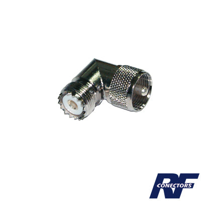 RFU-532 - Adaptador en Ángulo Recto, de Conector UHF Macho (PL-259) a UHF Hembra (SO-239), Níquel/ Oro/ Delrin.