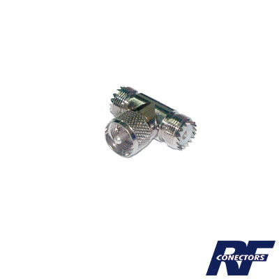 RFU-533 - Adaptador en forma T, de Conector UHF Macho (PL-259) a Doble UHF Hembra (SO-239), Níquel/ Plata/ Delrin.