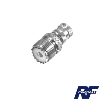 RFU-621 - Adaptador en Línea de Conector Mini UHF Macho a UHF Hembra (SO-239), Níquel/ Oro/ Teflón.