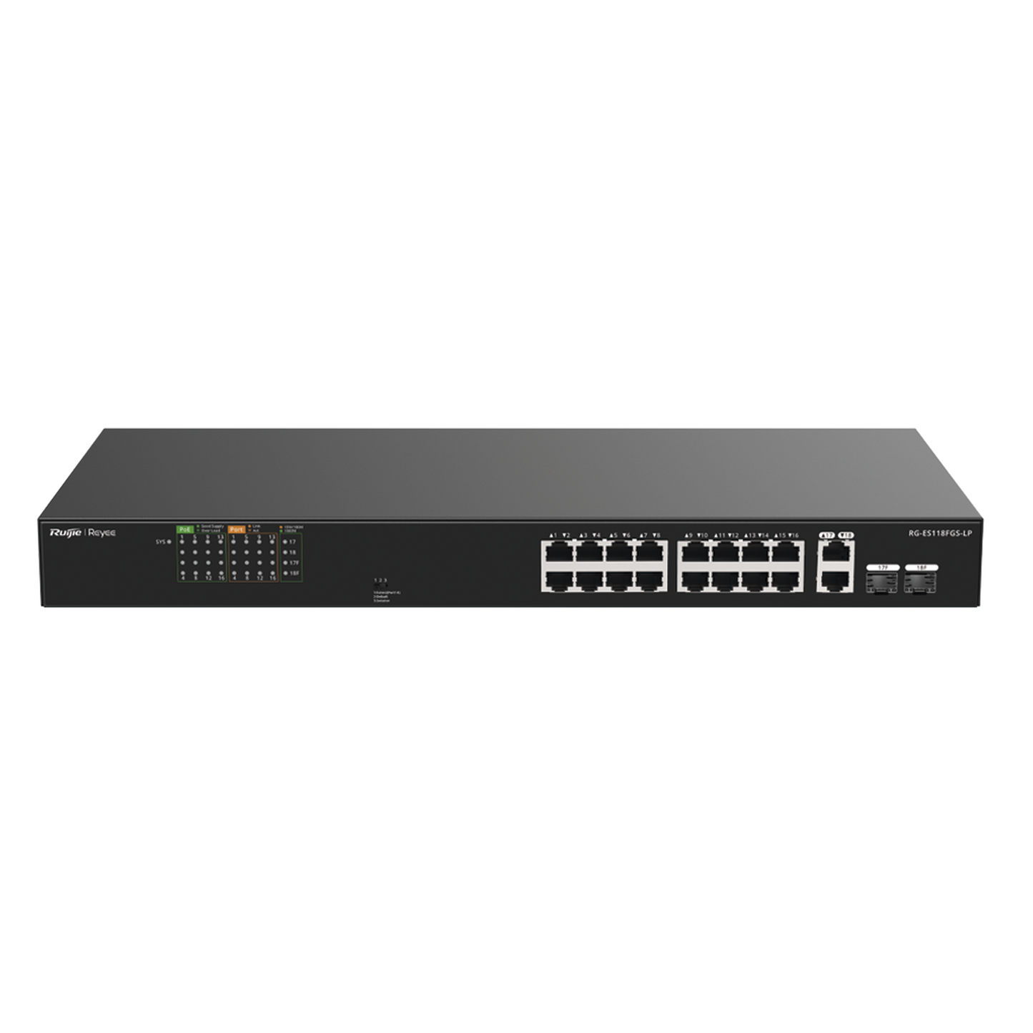 RG-ES118FGS-LP - Switch PoE+ no Administrable, Hasta 120 Watts, Ideal para CCTV, 16 Puertos PoE +10/100, 2 Uplinks Gigabit y 2 SFP COMBO