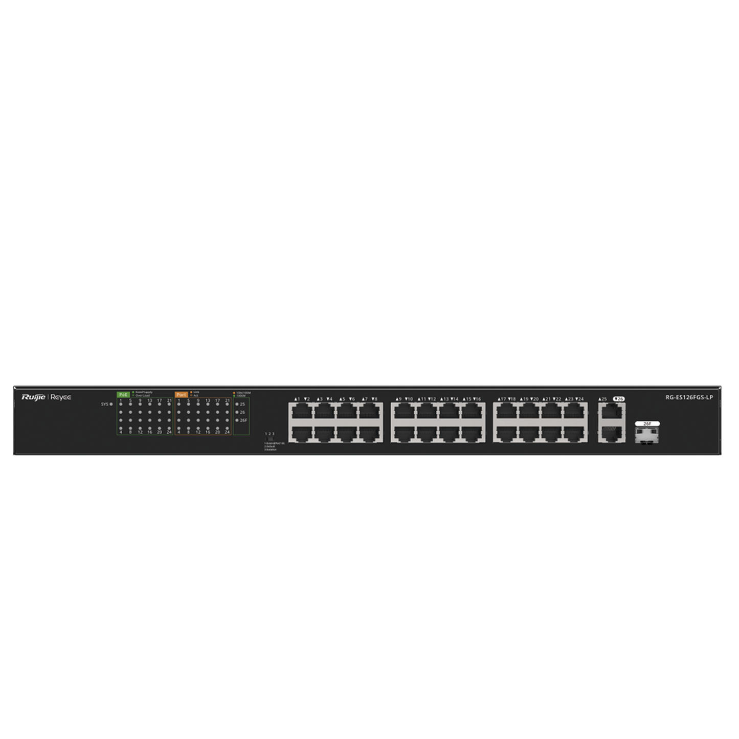 RG-ES126FGS-LP - Switch PoE+ no Administrable, hasta 180 Watts Ideal para CCTV, 24 Puertos 10/100 PoE+, 2 Uplinks Gigabit (1 SFP COMBO)