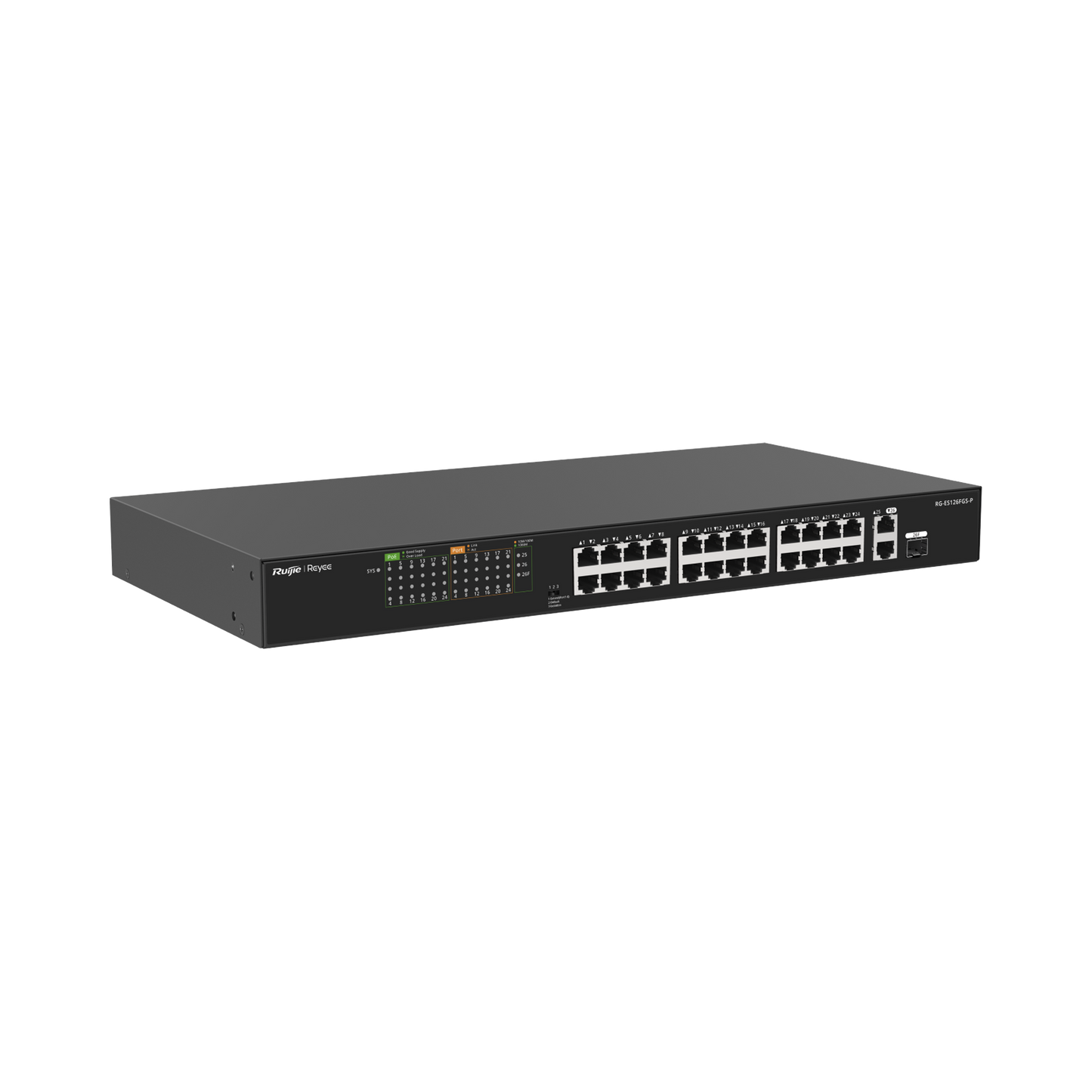 RG-ES126FGS-P - Switch PoE+ no Administrable, hasta 370 Watts Ideal para CCTV, 24 Puertos 10/100 PoE+, 2 Uplinks Gigabit (1 SFP COMBO)