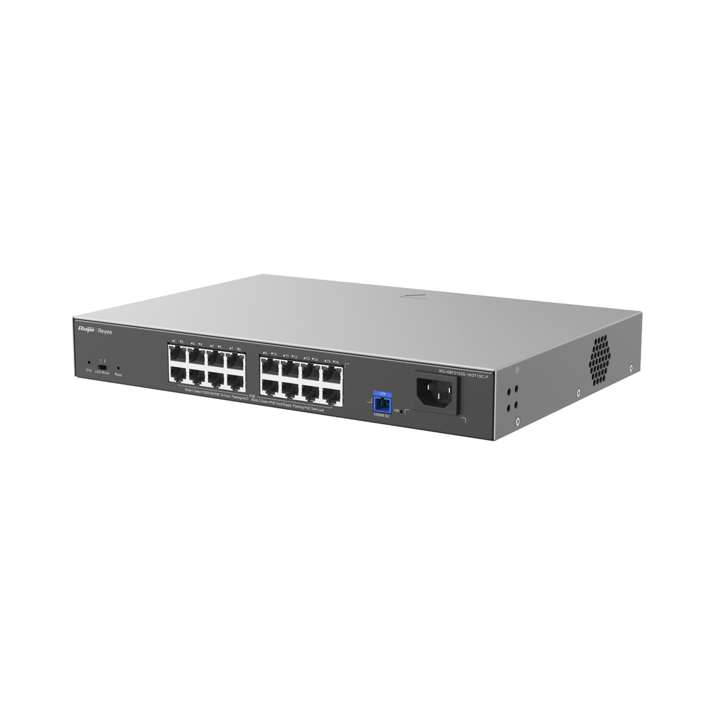 RG-NBF2100S-16GT1SC-P - e-Lighten ONU / Switch PoE+ Hibrido, Capa 2 con un Puerto PON 1G SC/UPC y 16 Puertos Ethernet PoE+ 1G hasta 240 Watts y 100 Clientes