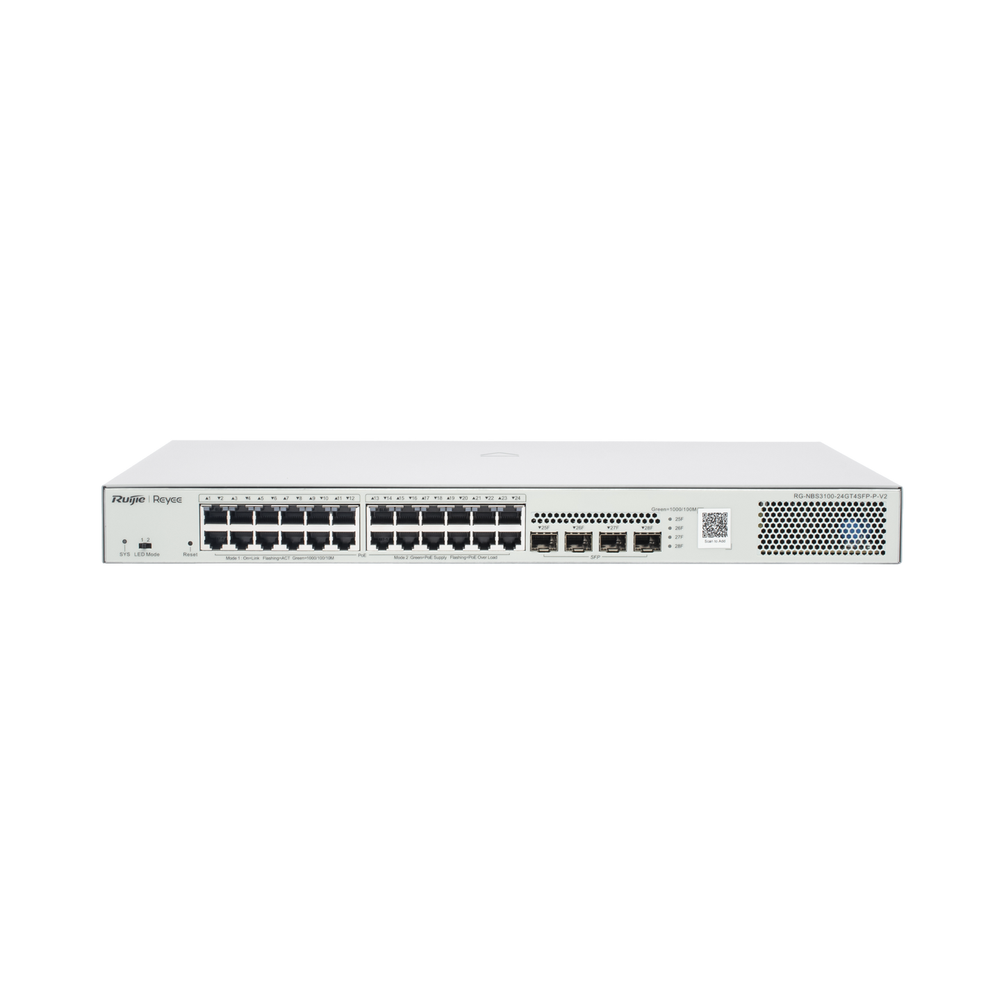 RG-NBS3100-24GT4SFP-P-V2 - Switch Administrable L2 PoE+ hasta 370W, 24 Puertos Eth 1G, 4 puertos SFP 1G, Administración Remota en la Nube.