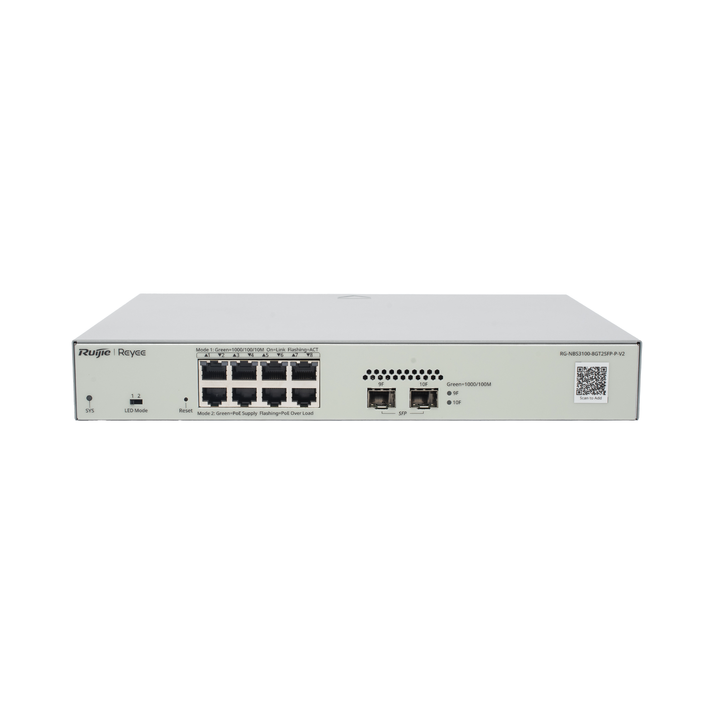 RG-NBS3100-8GT2SFP-P-V2 - Switch Administrable PoE Capa 2 con 8 puertos Gigabit PoE 802.3af/at + 2 SFP para fibra 1Gb, gestión gratuita desde la nube, 125w