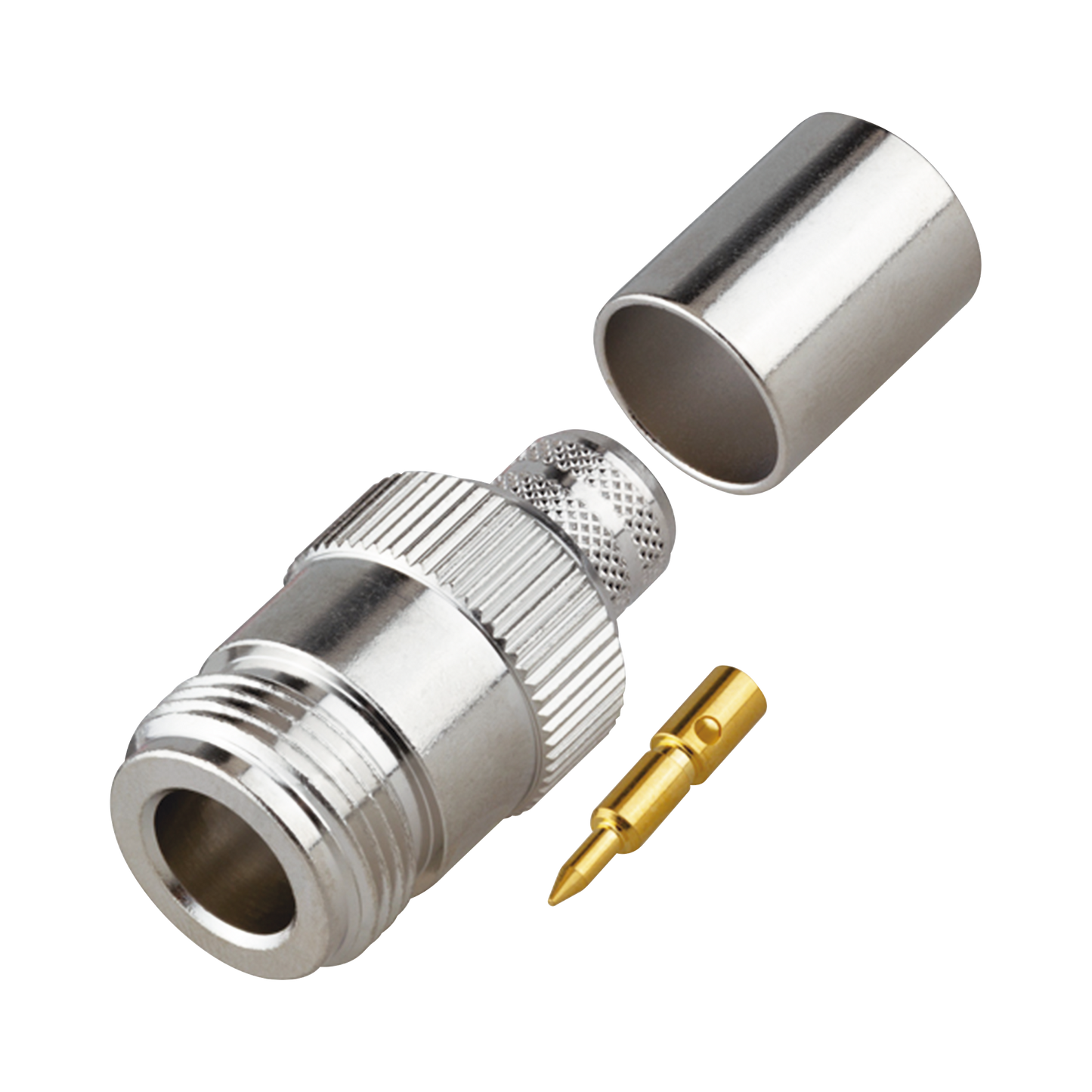 RP-1028-I - Conector N Hembra Inverso de Anillo Plegable para Cables 9913, RG-8/U, LMR-400, Grupo I, Níquel/ Oro/ Teflón.