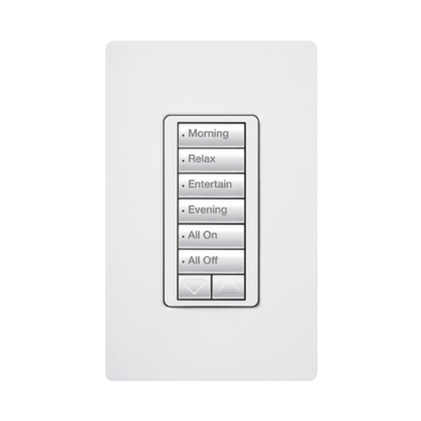 RRDHN6BRLWH (RadioRA2) Teclado Seetouch Hibrido 6 botones, 2 botones subir/bajar, programe escenas diferentes en cada botón,puede instalarse en un interruptor de luz.