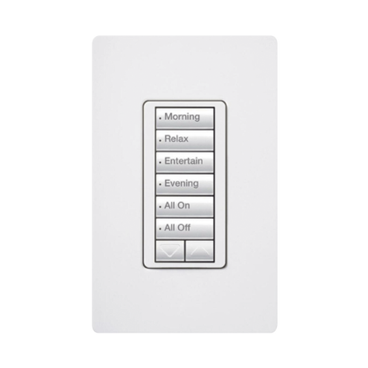 RRDHN6BRLWH (RadioRA2) Teclado Seetouch Hibrido 6 botones, 2 botones subir/bajar, programe escenas diferentes en cada botón,puede instalarse en un interruptor de luz.