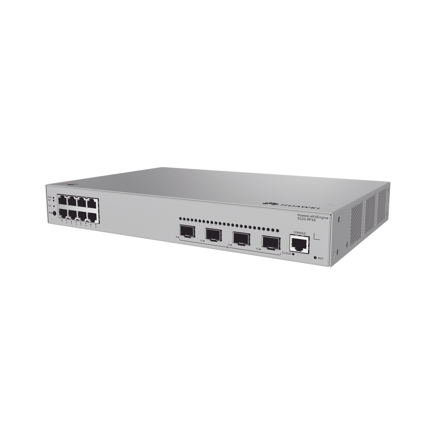 S220-8P4S - Switch de acceso eKit Administrable / Capa 2 / 8 Puertos PoE+ Gigabit + 4 SFP + Puerto Consola / PoE Perpetuo / Presupuesto PoE 125 W / Sin licenciamiento
