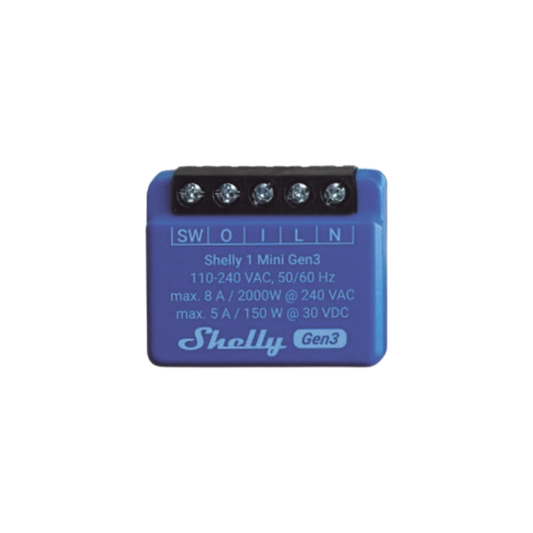 SHELLY1MINIGEN3 Mini Interruptor inteligente con Wi-Fi, contacto seco, 1 canal 8A, compatible con asistentes de voz Alexa y GoogleHome