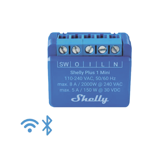 SHELLYPLUS1MINI Mini Interruptor inteligente con Wi-Fi, contacto seco, 1 canal 8A, compatible con asistentes de voz Alexa y GoogleHome