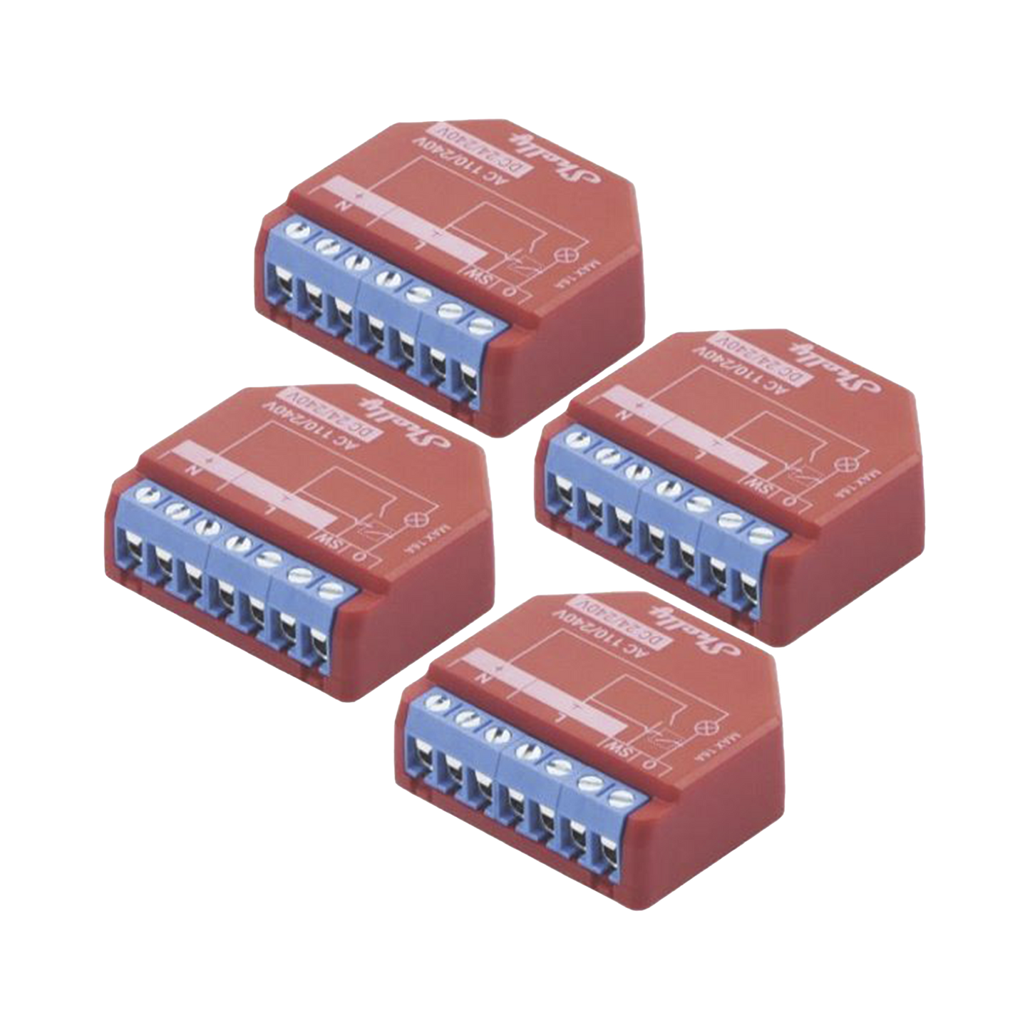 SHELLYPLUS1PMK4 KIT de 4 piezas Relevador inalámbrico inteligente 16A, 110-230 V, medición de consumo, compatible con asistente de voz Alexa, Google Home