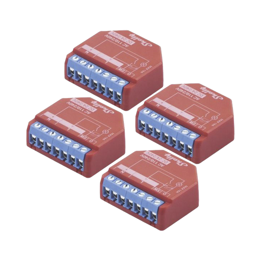 SHELLYPLUS1PMK4 KIT de 4 piezas Relevador inalámbrico inteligente 16A, 110-230 V, medición de consumo, compatible con asistente de voz Alexa, Google Home