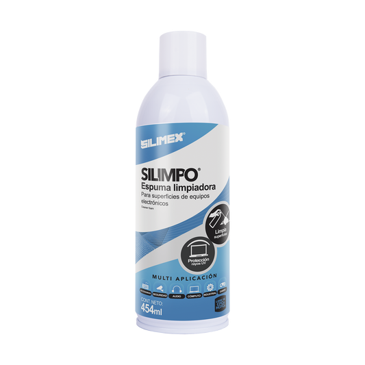 SILIMPO Espuma limpiadora para todo tipo de superficies plásticas y metálicas de sistemas de vídeo, audio, telefonía y equipo de computo, contiene protectores de rayos UV, 454 ml