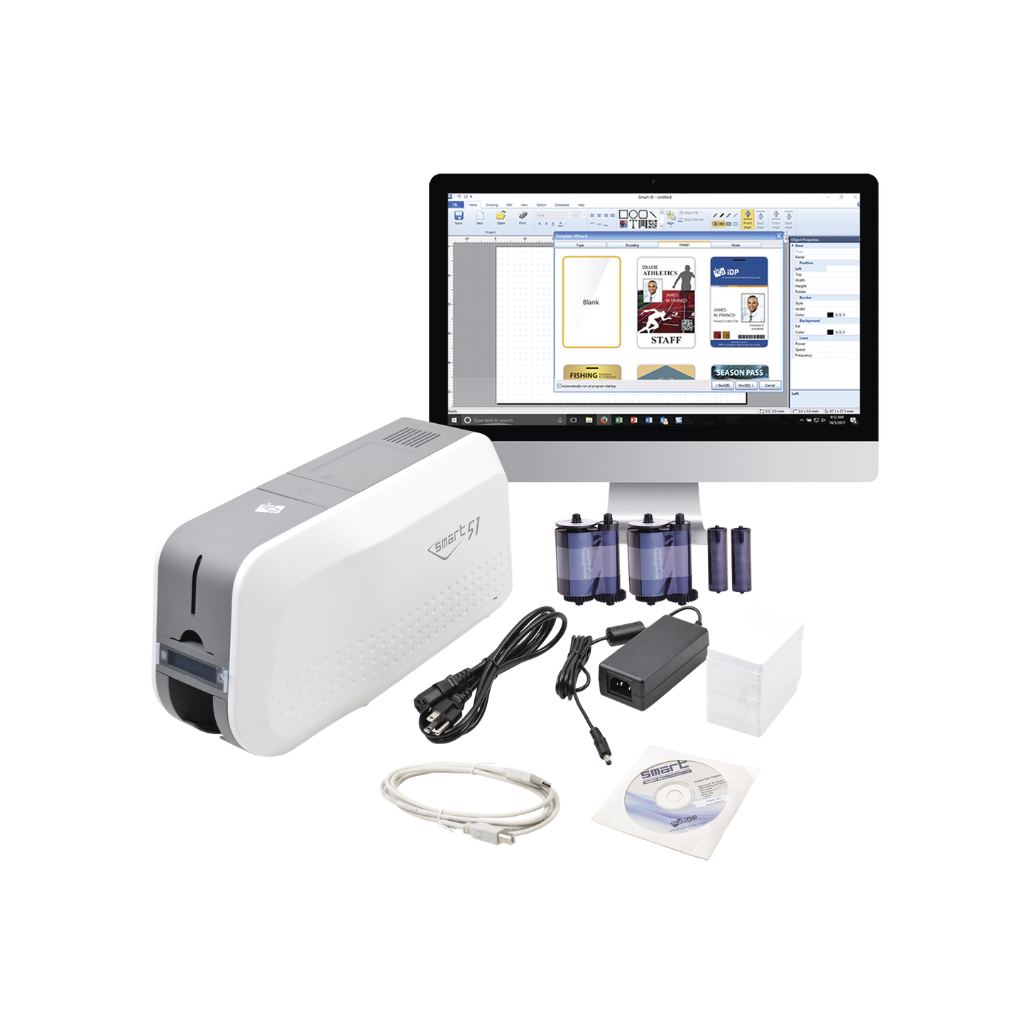 SMART51SK - Kit de Impresora tarjetas de PVC / Puede Crecer a Laminador/ Una Cara / Incluye: 2 x Ribbon a Color, 100 Tarjetas PVC, Kit de Limpieza, Software