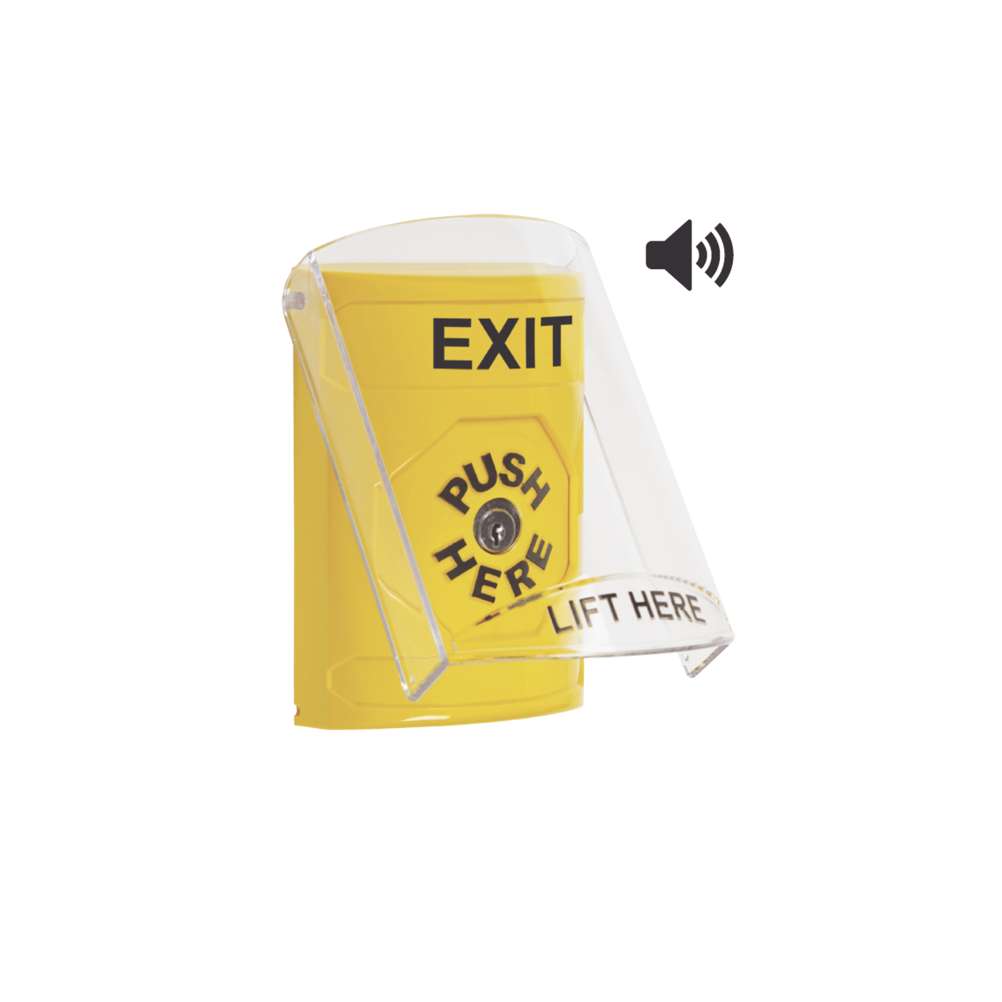 SS22A0XT-EN - Botón de Salida, Texto en Ingles, Tapa Protectora de Policarbonato Súper Resistente, Llave para restablecer, Bocina integrada de Advertencia