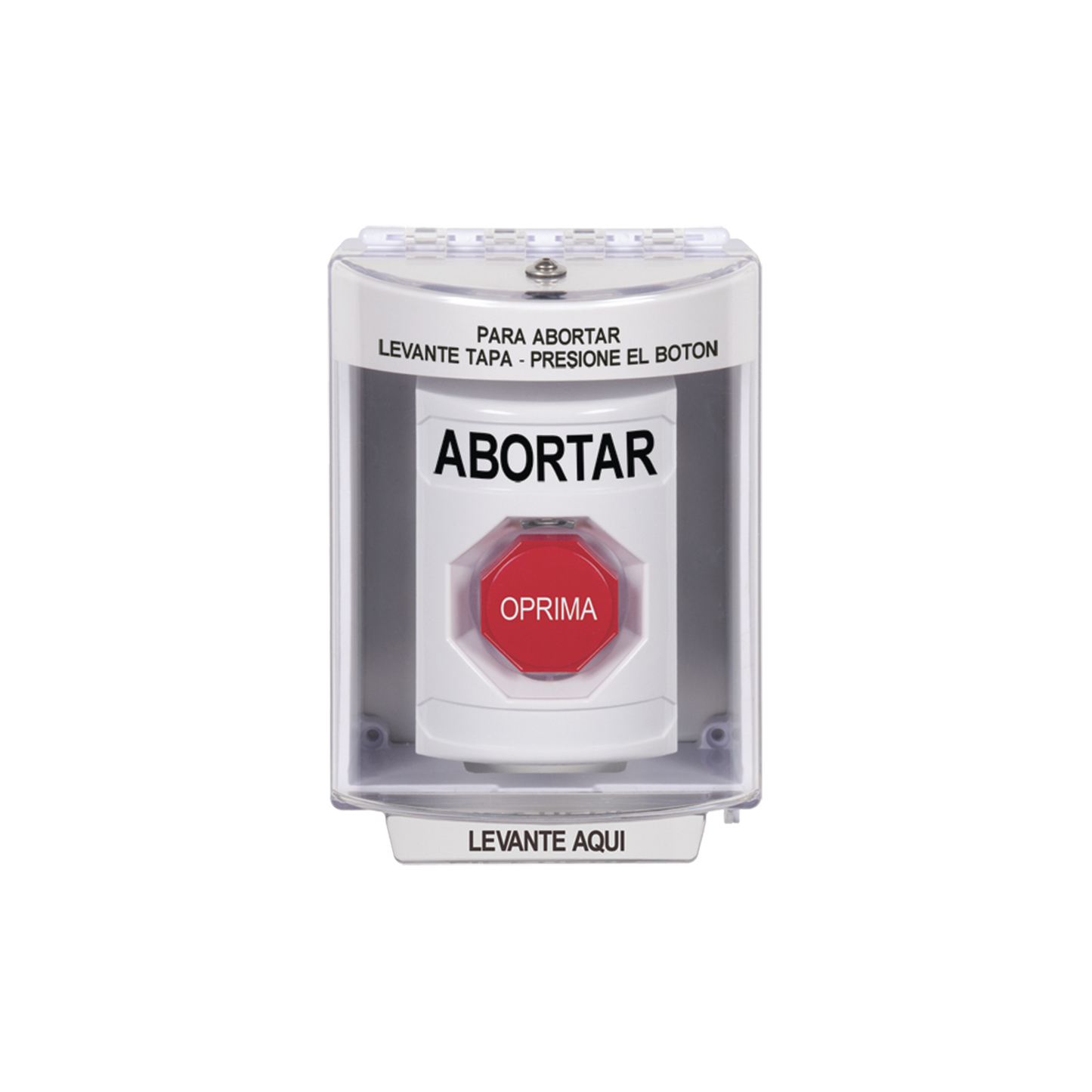 SS2382AB-ES Botón de Abortar, Bocina de Advertencia Integrada, Texto en Español, Tapa Protectora de Policarbonato Súper Resistente con Espaciador, Restablecimiento con Llave