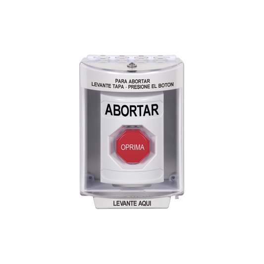 SS2382AB-ES Botón de Abortar, Bocina de Advertencia Integrada, Texto en Español, Tapa Protectora de Policarbonato Súper Resistente con Espaciador, Restablecimiento con Llave