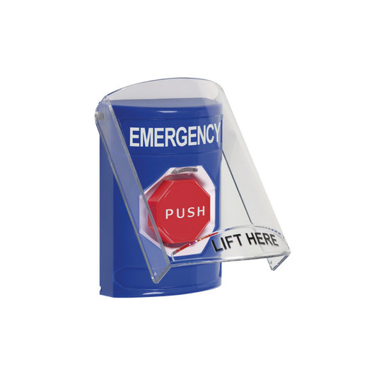 SS24A2EM-EN Botón De Emergencia Con Bocina De Advertencia Integrada, Solo Interior, Texto En Inglés, Tapa Protectora De Policarbonato Súper Resistente, Llave Para Restablecer