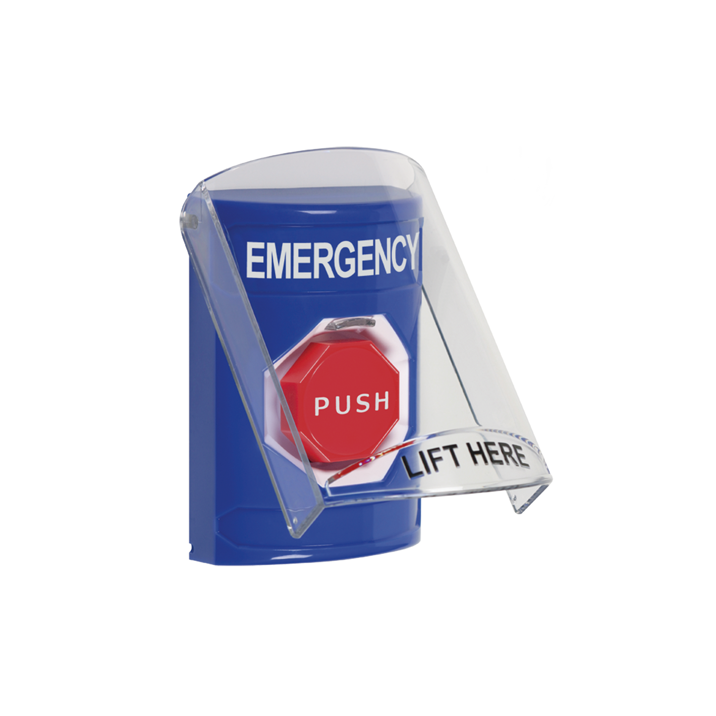 SS24A2EM-EN - Botón Multipropósito, Color Azul, De Superficie, Con Tapa De Policarbonato, Con Bocina Pre Alarma, Para Interior, Llave Para Restablecer, Texto De Emergencia, Ingles