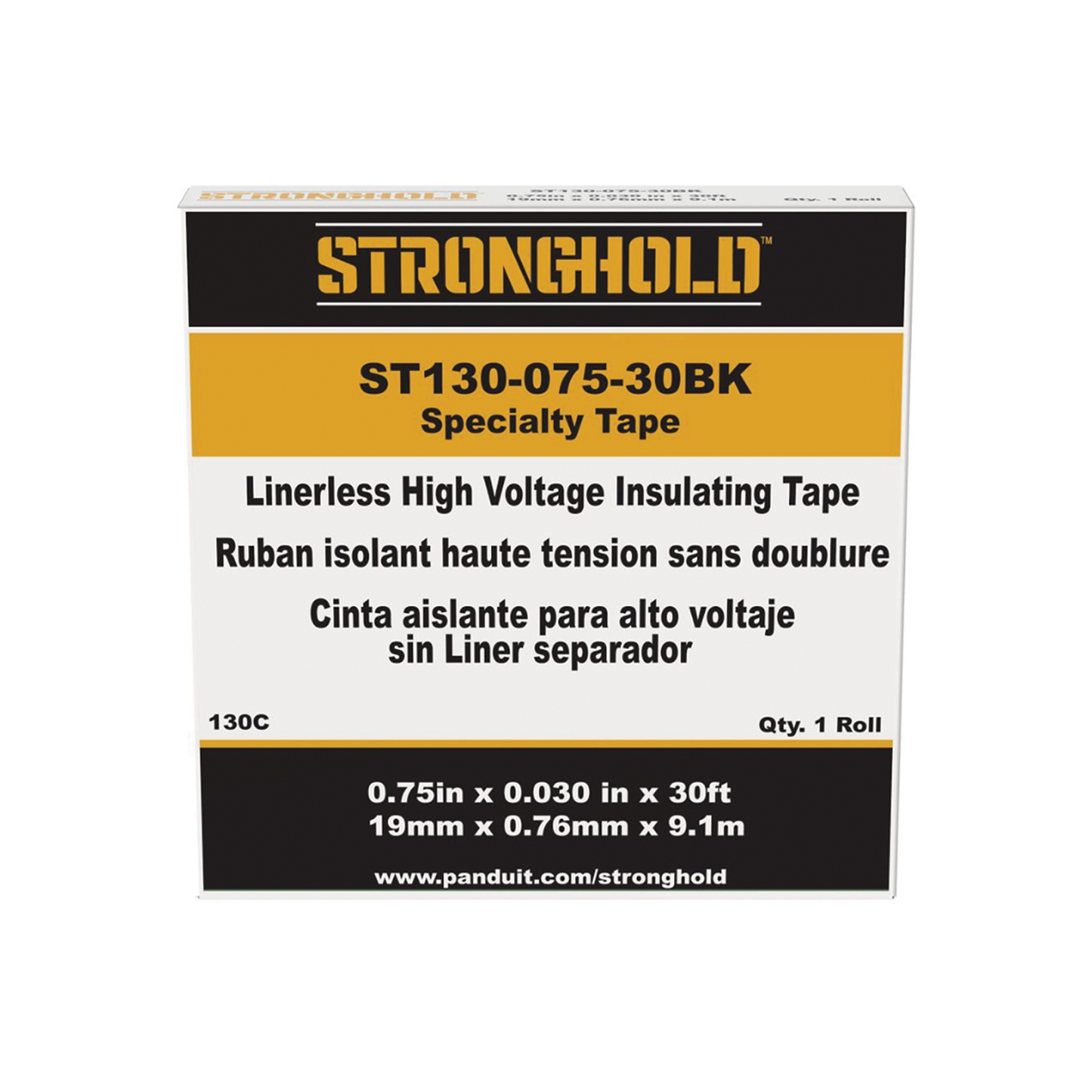 ST130-075-30BK Cinta Eléctrica STRONGHOLD para Aislar de Caucho EPR, Autoadhesiva, Uso Industrial en Uniones de Alto Voltaje y Temperatura , Grosor de 0.76mm (30 mil), Ancho de 19mm, y 9.1m de Largo, Color Negro