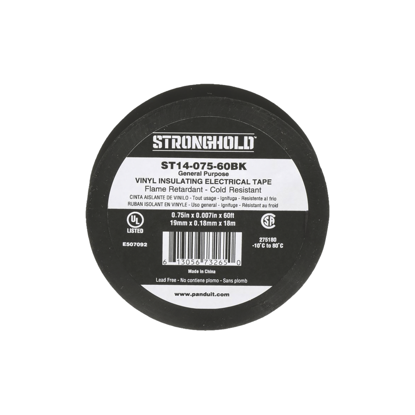 ST14-075-60BK Cinta Eléctrica STRONGHOLD para Aislar, de PVC, Uso General Reparación y Mantenimiento, Grosor de 0.18mm (7 mil), Ancho de 19mm, y 18m de Largo, Color Negro