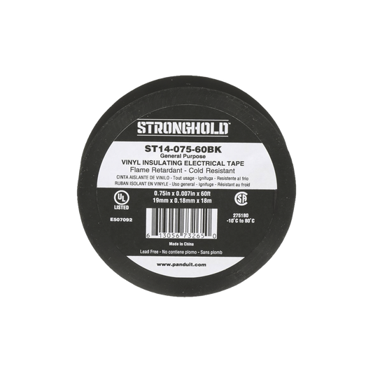 ST14-075-60BK Cinta Eléctrica STRONGHOLD para Aislar, de PVC, Uso General Reparación y Mantenimiento, Grosor de 0.18mm (7 mil), Ancho de 19mm, y 18m de Largo, Color Negro