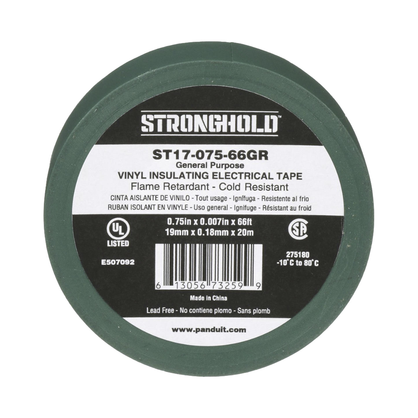 ST17-075-66GR - Cinta Eléctrica STRONGHOLD para Aislar, de PVC, Uso General Reparación y Mantenimiento, Grosor de 0.18mm (7 mil), Ancho de 19mm, y 20.12m de Largo, Color Verde