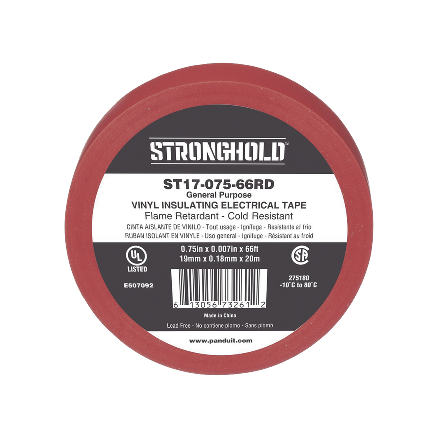 ST17-075-66RD - Cinta Eléctrica STRONGHOLD para Aislar, de PVC, Uso General Reparación y Mantenimiento, Grosor de 0.18mm (7 mil), Ancho de 19mm, y 20.12m de Largo, Color Rojo